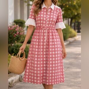 Beulah Pink and White Printed Midi Dress
